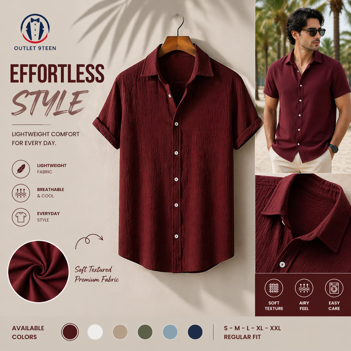 Deep Maroon Premium Textured Half Sleeve Shirt – Soft, Breathable & Ideal for Summer