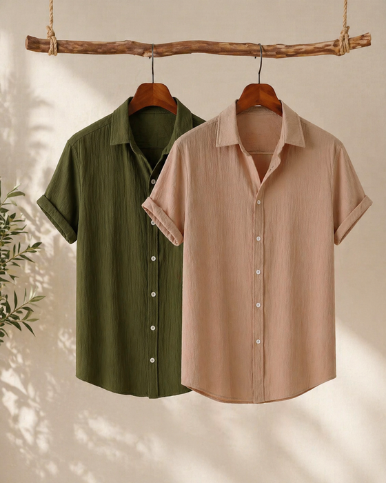 Evergreen Olive & Beige Haze – Textured Shirt Combo | H-705 + H-710