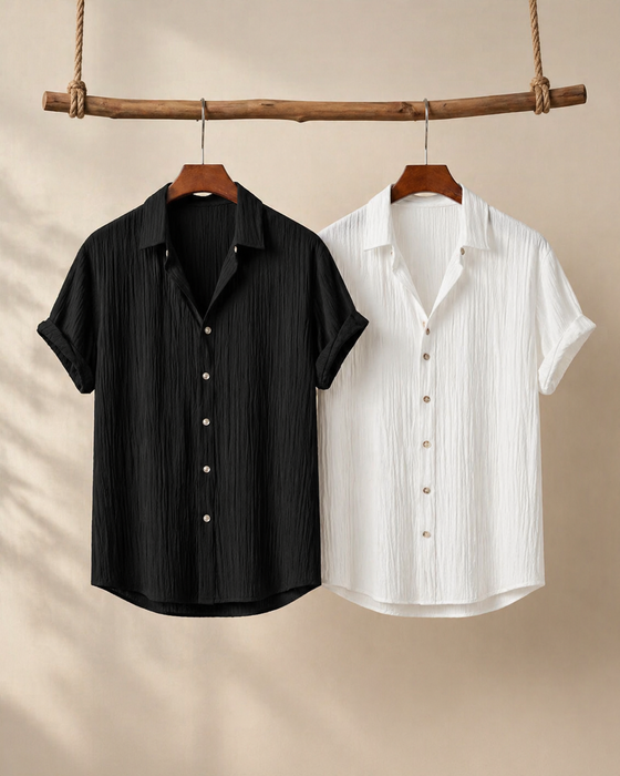 White Calm & Midnight Black – Breezy Textured Shirt Combo | H-709 + H-650