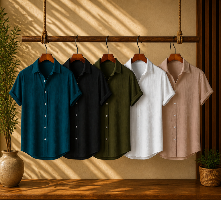 Ocean Teal, Midnight Black, Evergreen Olive, White Calm & Beige Haze – Textured Shirt Combo | H-707 + H-650 + H-705 + H-709 + H-710