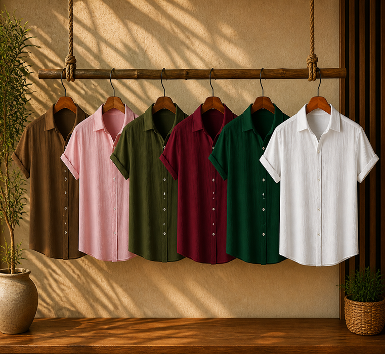 Coffee Brown, Pink Charm, Evergreen Olive, Maroon Classic, Forest Green & White Calm – Breezy Textured Shirt Combo | H-701 + H-640 + H-705 + H-720 + H-680 + H-709