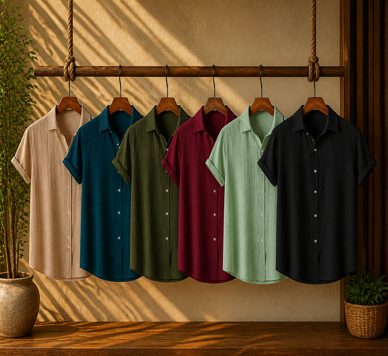 Beige Haze, Ocean Teal, Evergreen Olive, Maroon Classic, Mint Breeze & Midnight Black – Breezy Textured Shirt Combo | H-710 + H-707 + H-705 + H-720 + H-700 + H-650