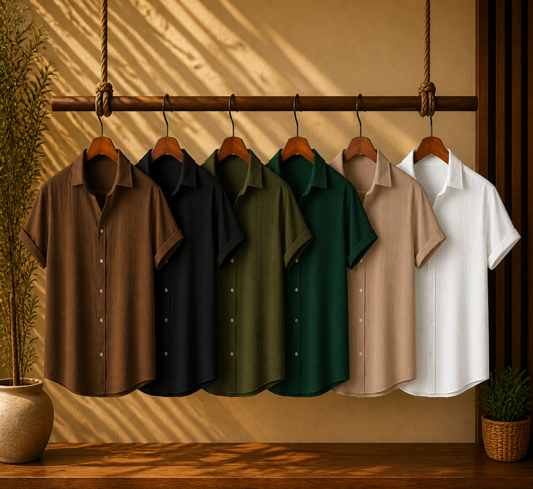 Coffee Brown, Midnight Black, Evergreen Olive, Forest Green, Beige Haze & White Calm – Textured Shirt Combo | H-701 + H-650 + H-705 + H-680 + H-710 + H-709