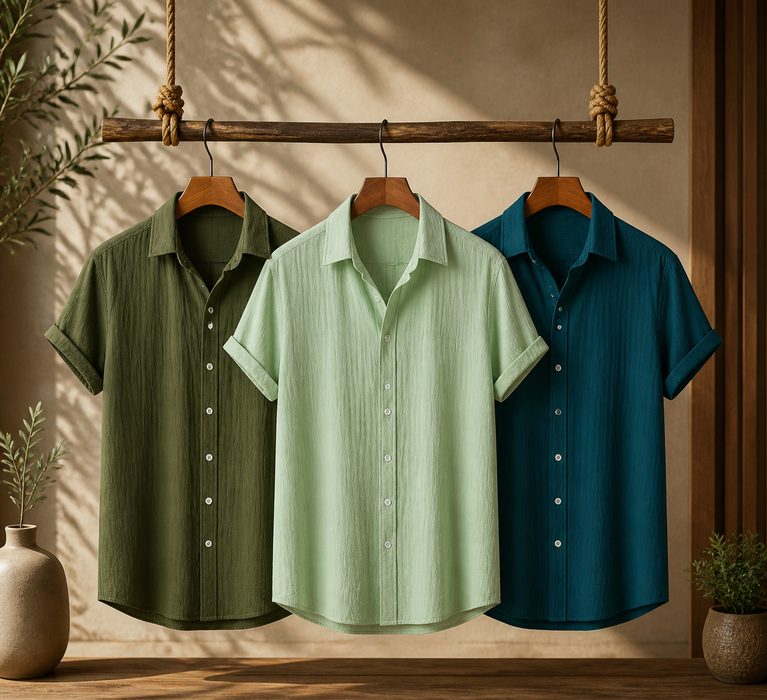 Evergreen Olive, Mint Breeze & Ocean Teal – Breezy Textured Shirt Combo | H-705 + H-700 + H-707