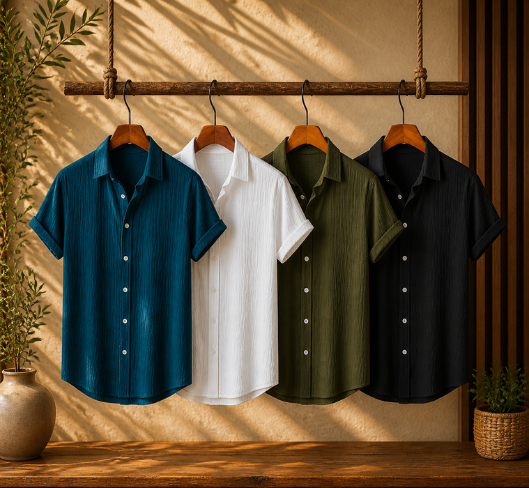 Ocean Teal, White Calm, Evergreen Olive & Midnight Black – Breezy Textured Shirt Combo | H-707 + H-709 + H-705 + H-650
