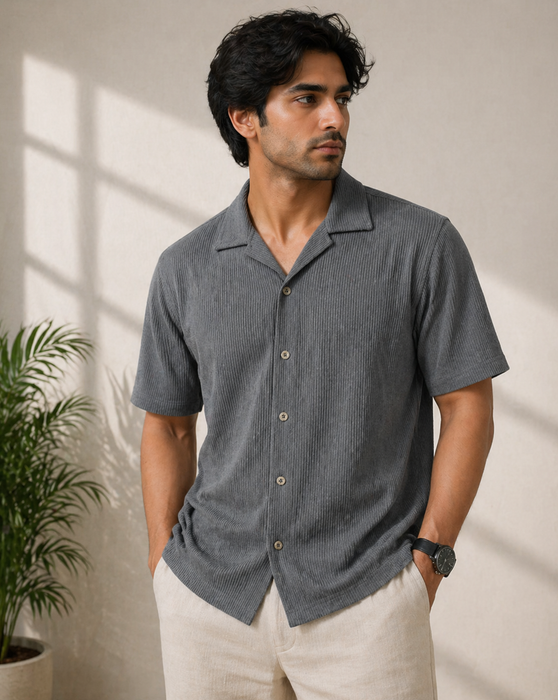 Cuban Collar Textured ShirtH-203