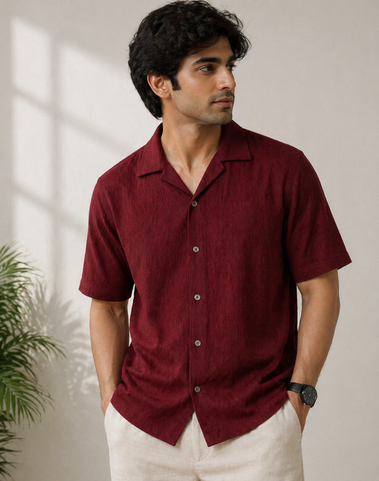 Cuban Collar Textured ShirtH-204