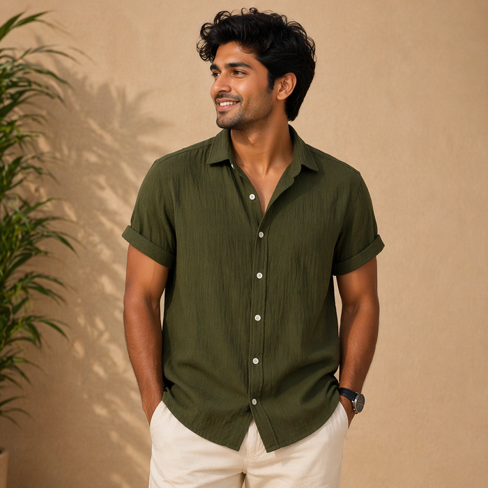 Olive Green Premium Textured Half Sleeve Shirt – Soft, Breathable & Ideal for Summer
