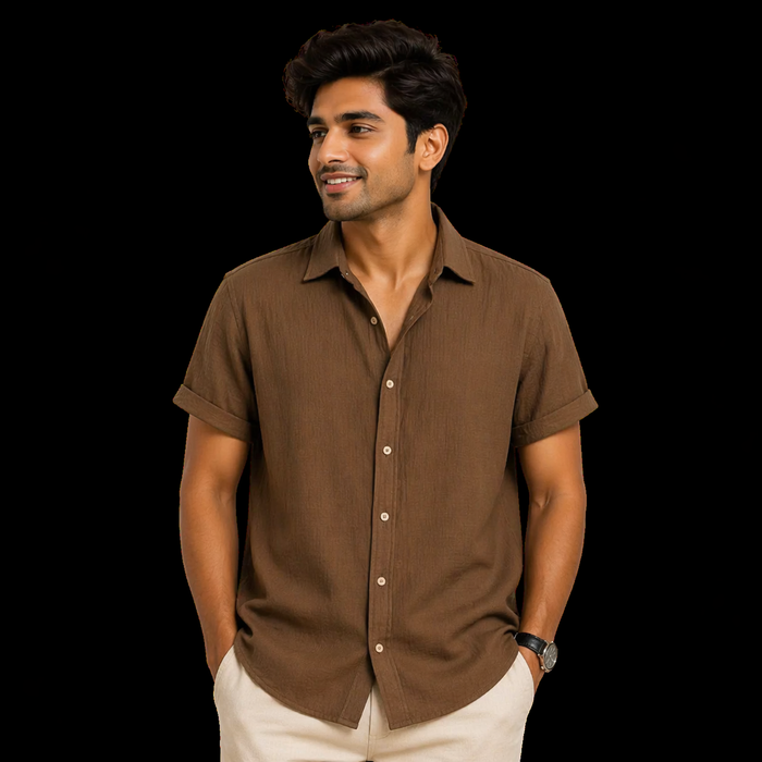 Cocoa Brown Premium Textured Half Sleeve Shirt – Soft, Breathable & Ideal for Summer