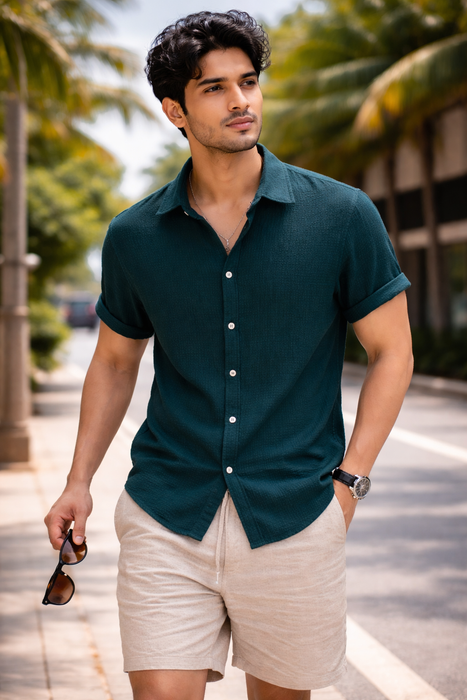 Deep Teal  Textured Half Sleeve Shirt – Soft, Breathable & Ideal for Summer
