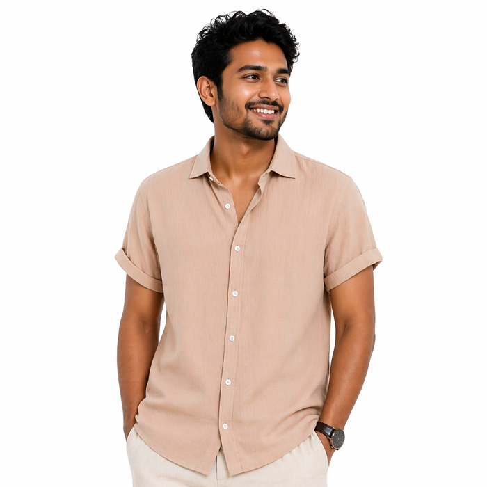 Sand Beige Premium Textured Half Sleeve Shirt – Soft, Breathable & Ideal for Summer