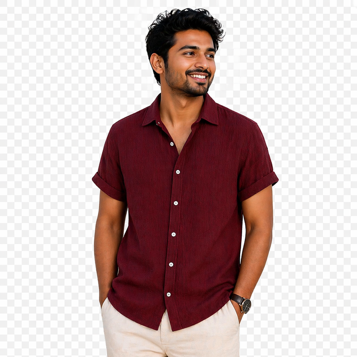 Deep Maroon Premium Textured Half Sleeve Shirt – Soft, Breathable & Ideal for Summer