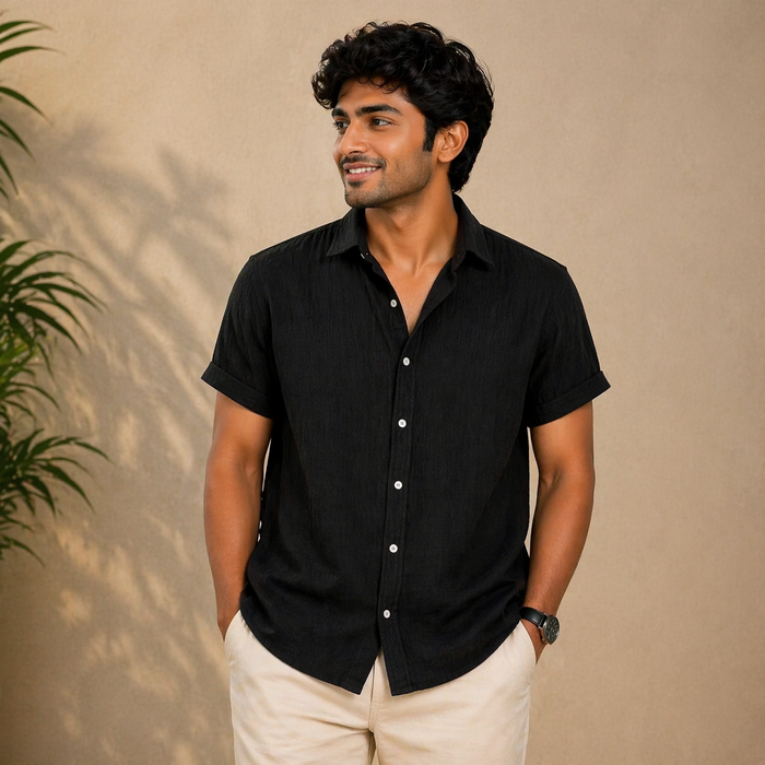 Jet Black Premium Textured Half Sleeve Shirt – Soft, Breathable & Ideal for Summer